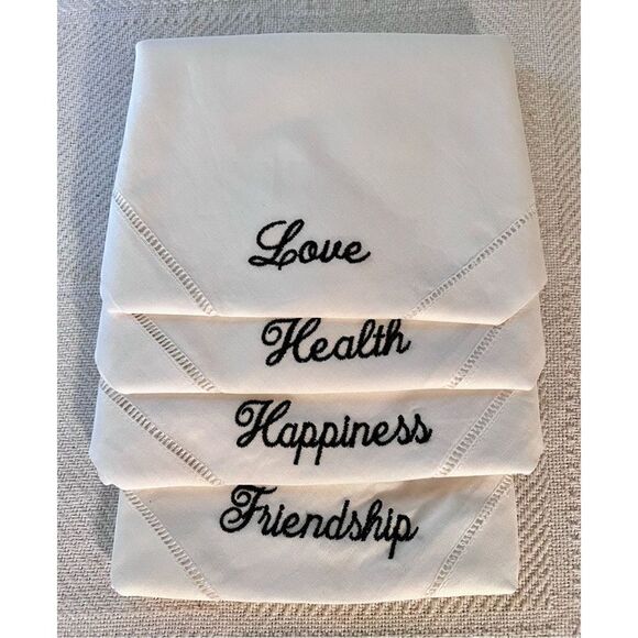 Set of 4 Hemstitched Linen Black Embroidered Hand Towels/Napkins - Picture 1 of 3